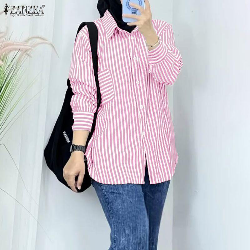 ZANZEA Women Casual Turn Down Collar Long Sleeve Stripe Blouse