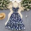 French romantic atmosphere floral suspender dress women's summer waist thin ruffle hem design beautiful long dress