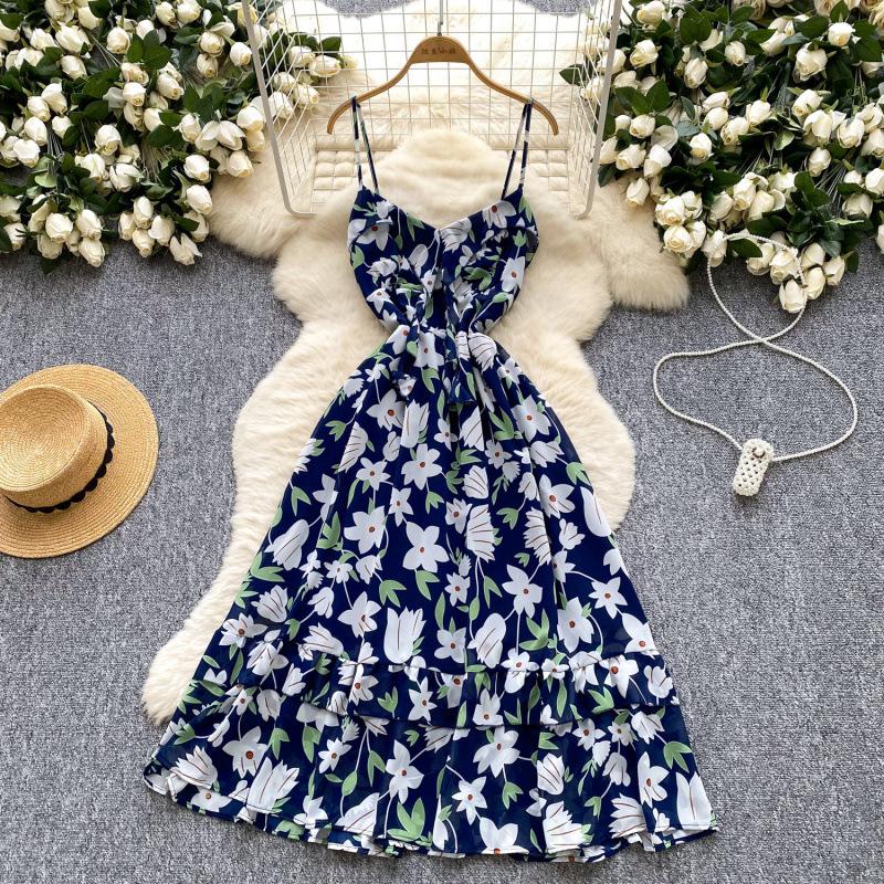 French romantic atmosphere floral suspender dress women's summer waist thin ruffle hem design beautiful long dress