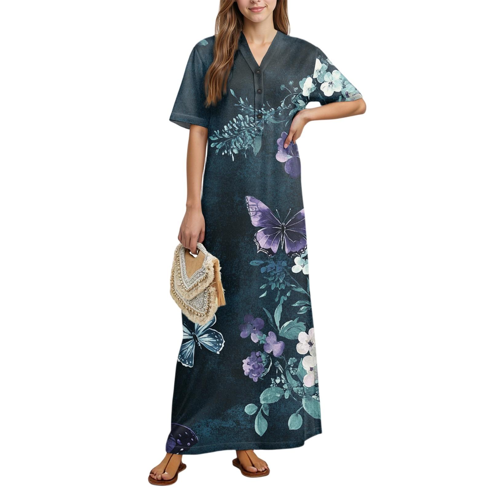 

Женская мода принт ночная рубашка домашняя одежда короткий рукав ночная рубашка с карманами длинное платье L