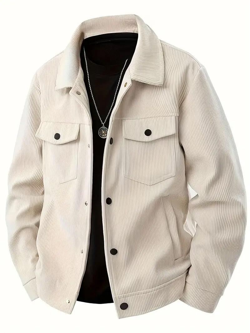 

Men s Corduroy Single-breasted Pocket Jacket - Long Sleeve Casual Shirt with Lapel 2XL абрикосовий