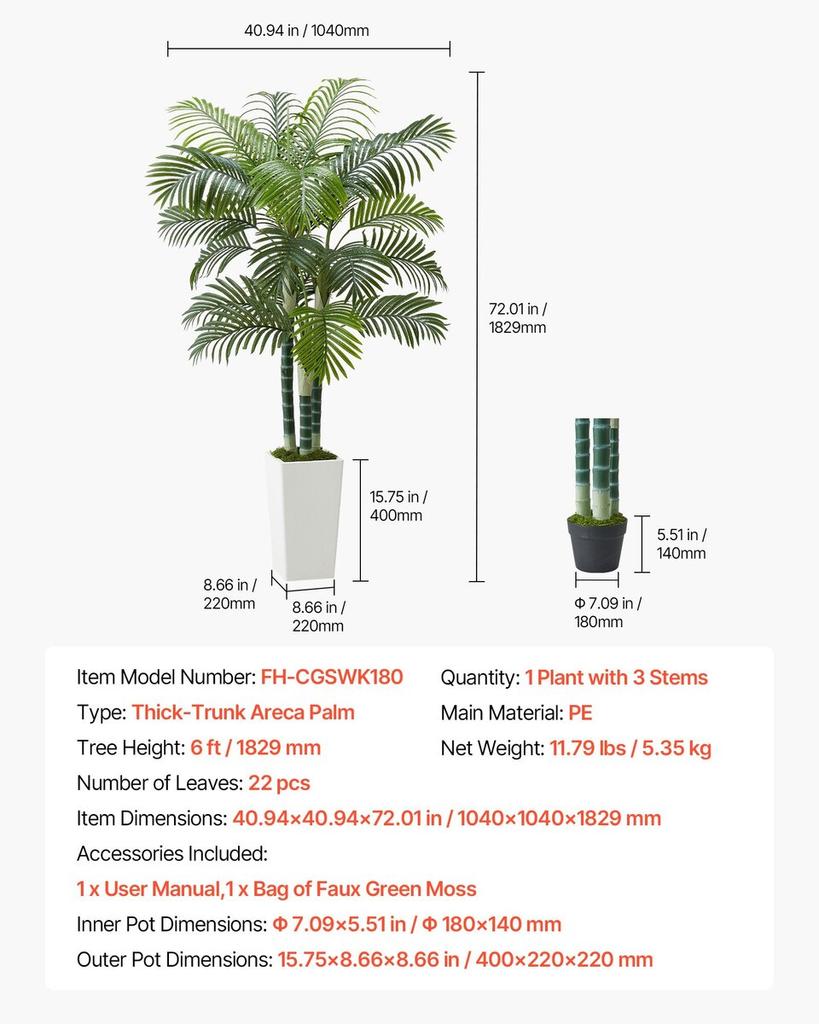 1829 mm Artificial Areca Palm Tree Fake Plant with White Planter Indoor