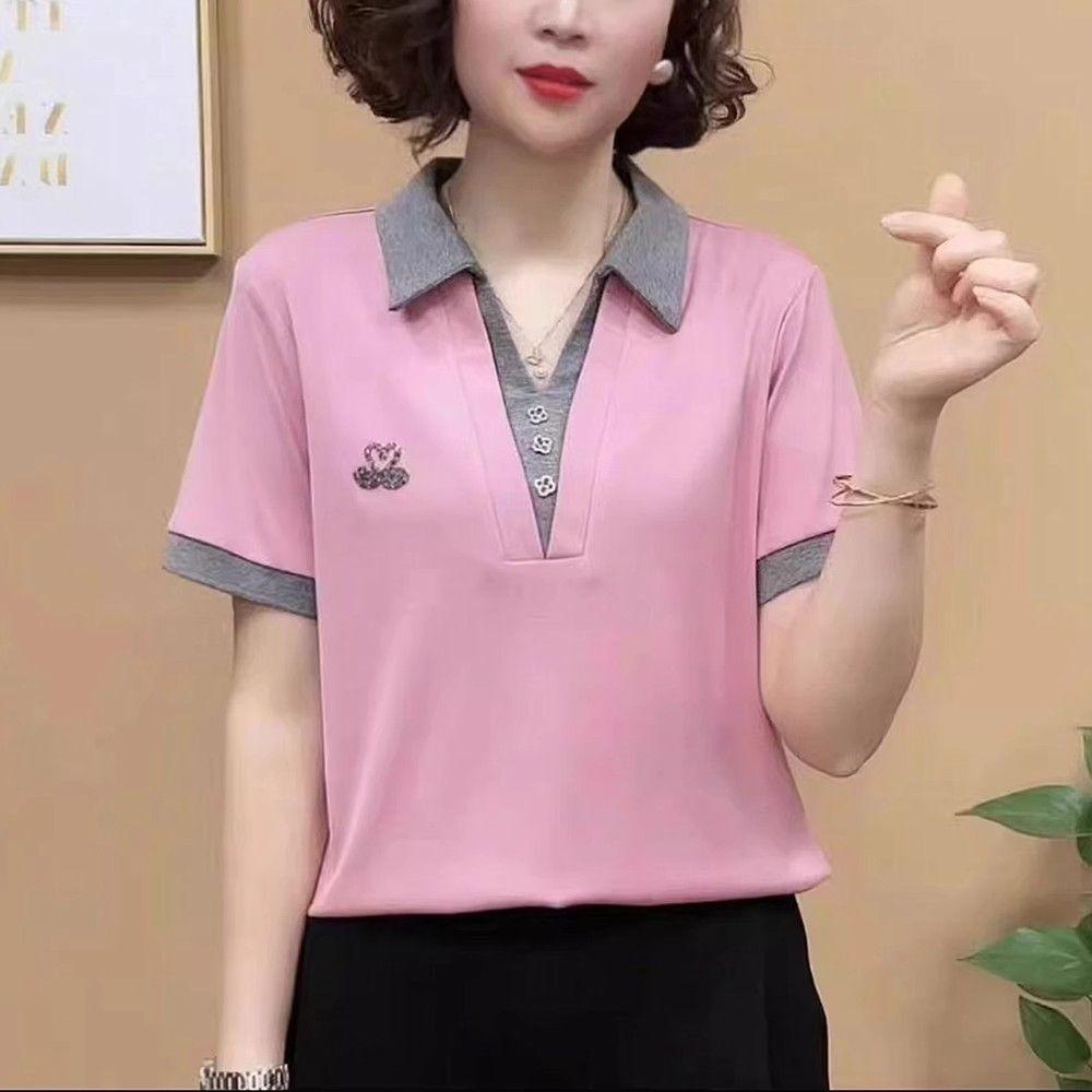 

Новая летняя женская футболка с лацканами, контрастного цвета, с горячими стразами в виде лебедей, с короткими рукавами, однотонная, на трех пуговицах, модная, с темпераментом M розовый