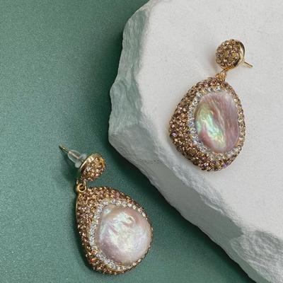 Natural Baroque Pearl Handmade Diamond Earrings with Ear Hooks