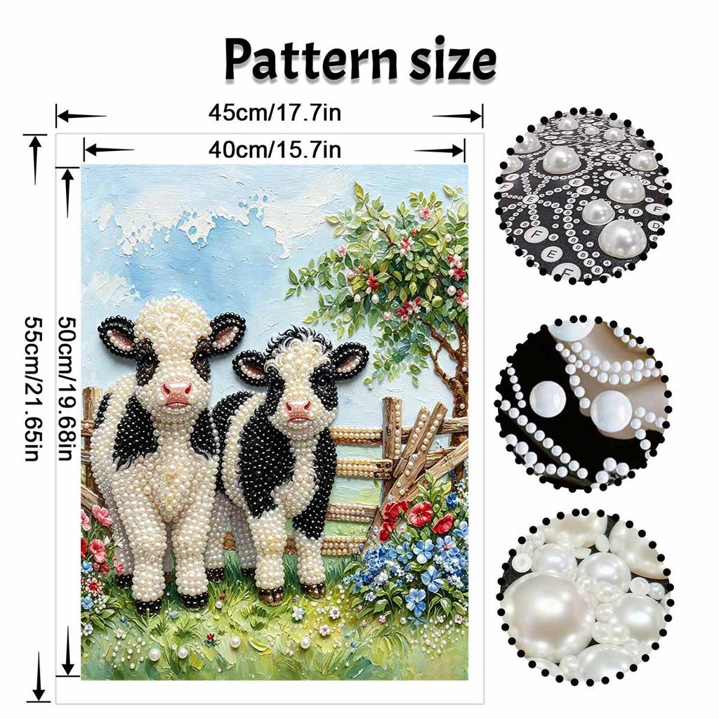 Handmade Framed Pearl Painting Set with Cute Farm Baby Cow Design 5D Shiny Bead Art Canvas Creative Craft for Home Wall Room Decor