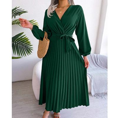 Elegante V-ausschnitt Langarm Gefaltete Lange Kleid Frauen Herbst Büro-dame Lange Hülse Lose Spitze-up Kleider Mode kleidung 29237