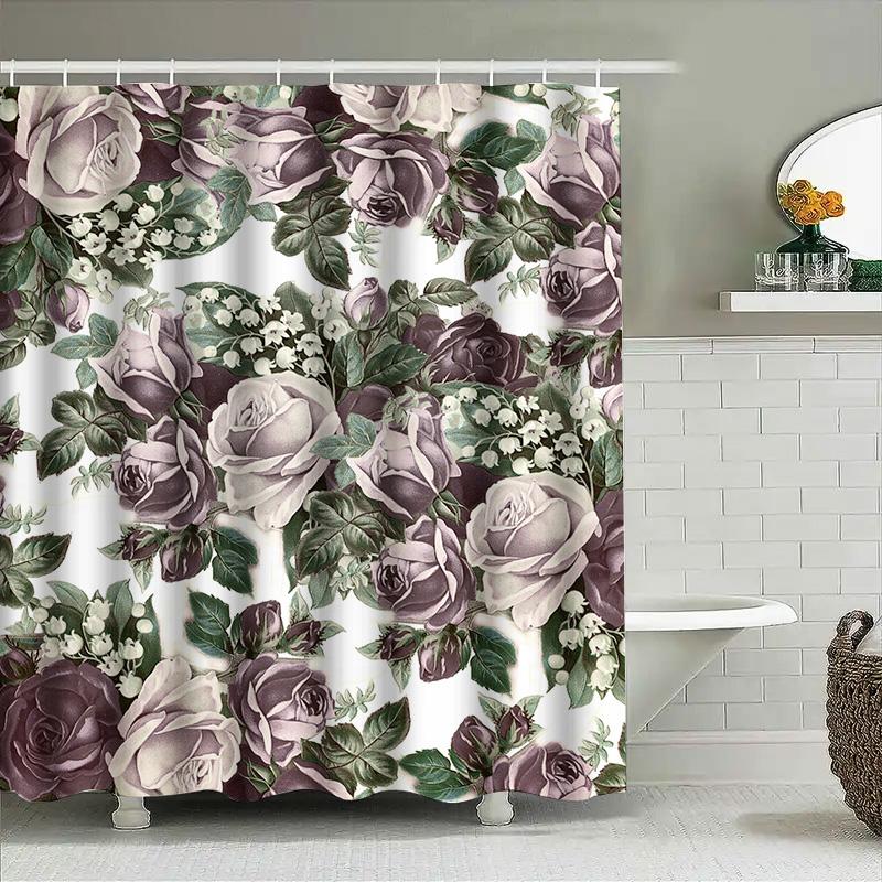 Purple Floral Shower Curtain Victorian Vintage Bathroom Decor Fabric Waterproof Bath Mat Pink Roses Design Shabby Chic Home Acce