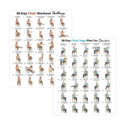 2er-Set Stuhl-Yoga-Poster, 30-Tage-Sitzübungsplan für Senioren, Sanfter Dehnungs-Workout-Leitfaden für Ältere, Krafttrainingswand