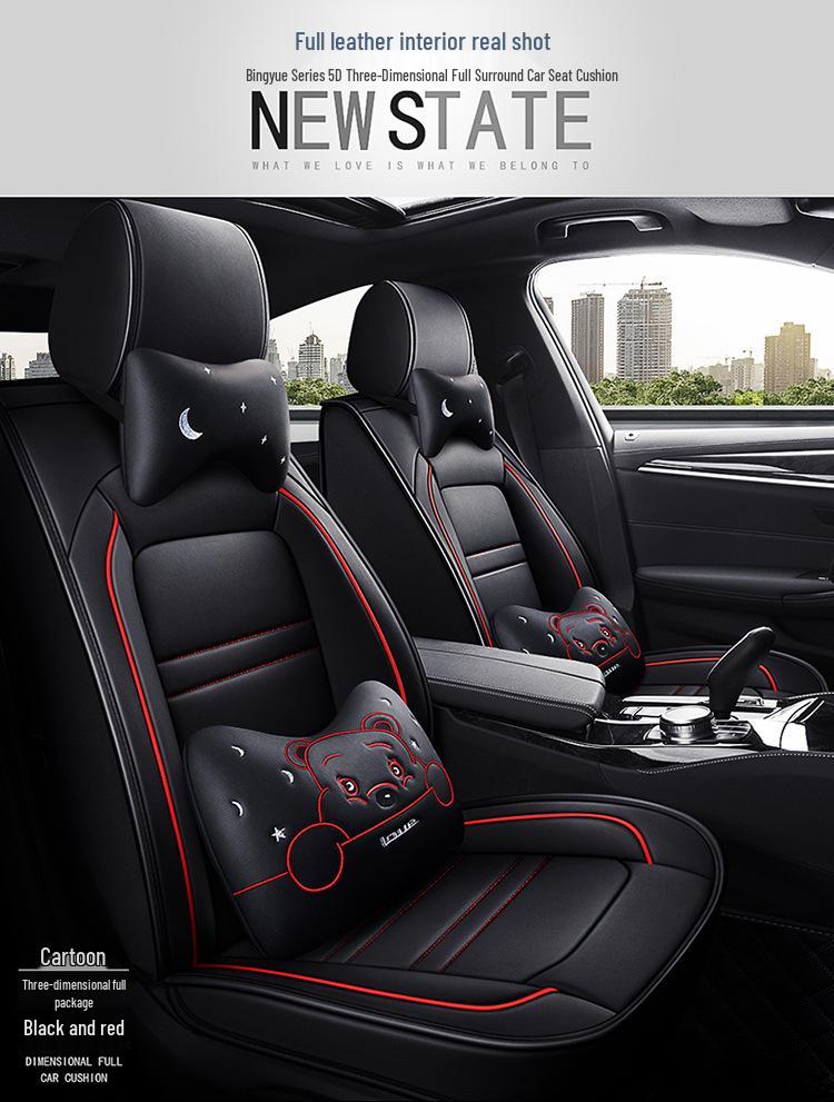 Four Seasons Leather Full Surround Car Seat Covers - Cartoon Design, Fits Five Seats.