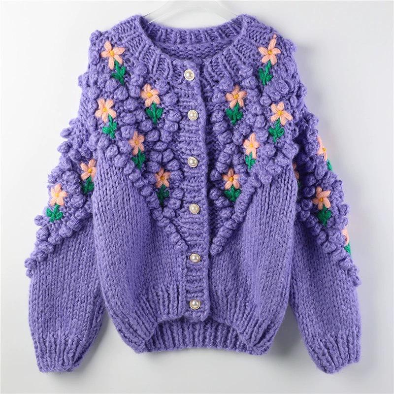 

2023 Handmade Three-Dimensional Rose Pearl Button Cardigan for Women M темно-фиолетовый