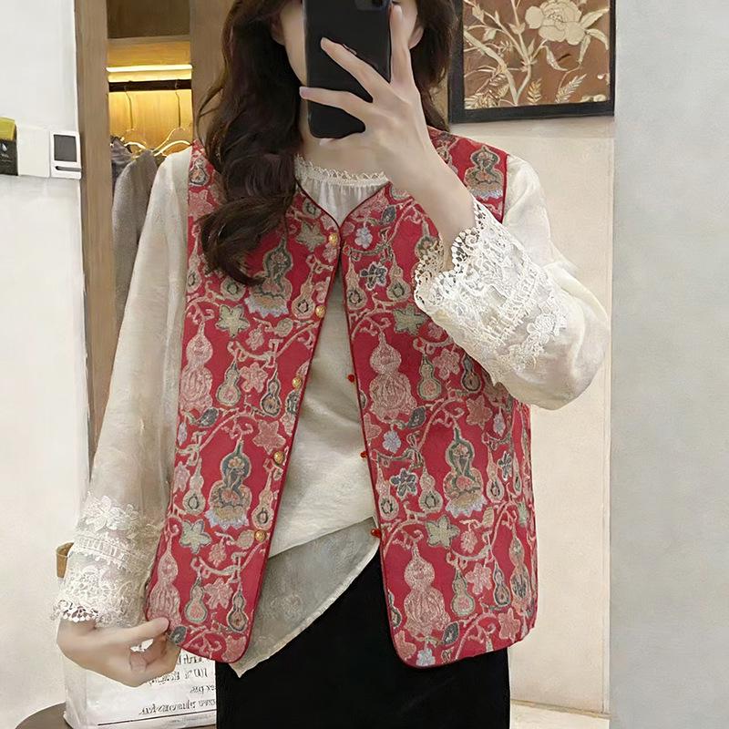 

2026 Retro Chinese Style Elegant Women s Vest for Middle-Aged and Elderly - Spring/Autumn Fashion XL (95-105 jin) червоний