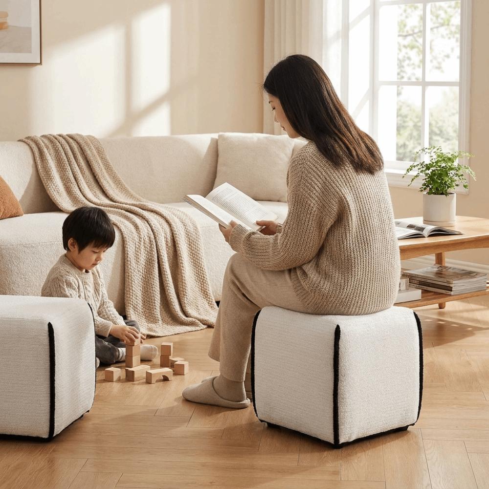 Soft Upholstered Ottoman Stool Linen Fabric Shoe Changing Stool Footrest Low Stool Household Use