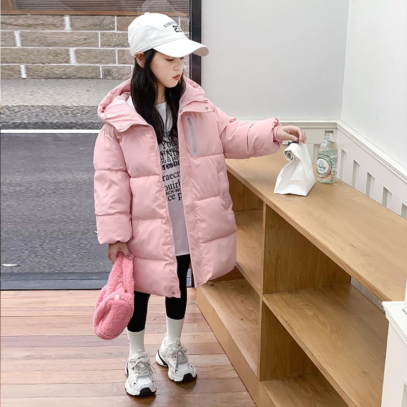 Winter Girls Jacket Long Solid Color Thick Keep Warm Hooded Down Outerwear for 3-10Y Teen Girls Casual Cotton Windbreak