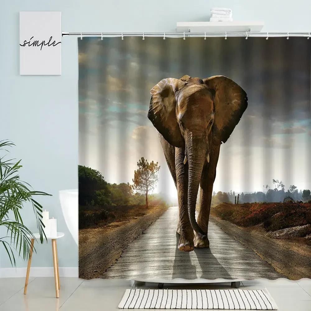 Elephant Shower Curtain Africa Wildlife Forest Natural Scenery Home Bathroom Wall Decor With Hook Waterproof Polyester Screen