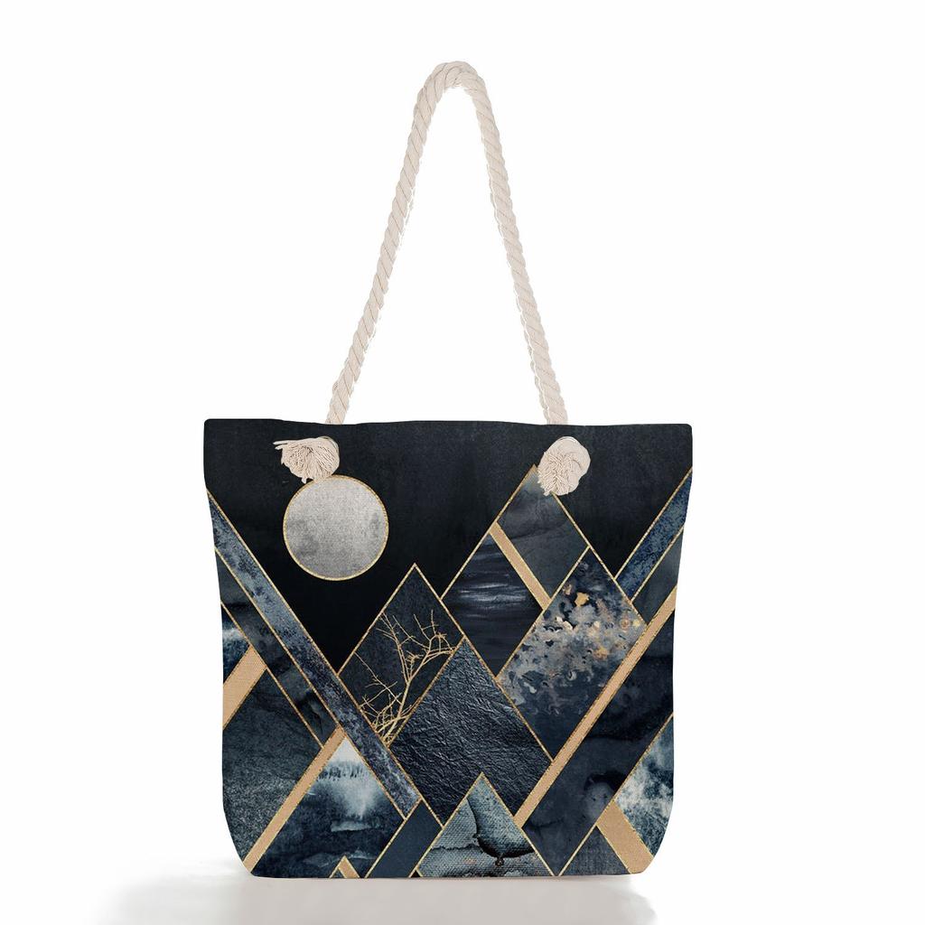 Multifunctional Geometric Shapes Printed Thick Rope Shoulder Beach Bag Casual Large Capacity Handbag 7591