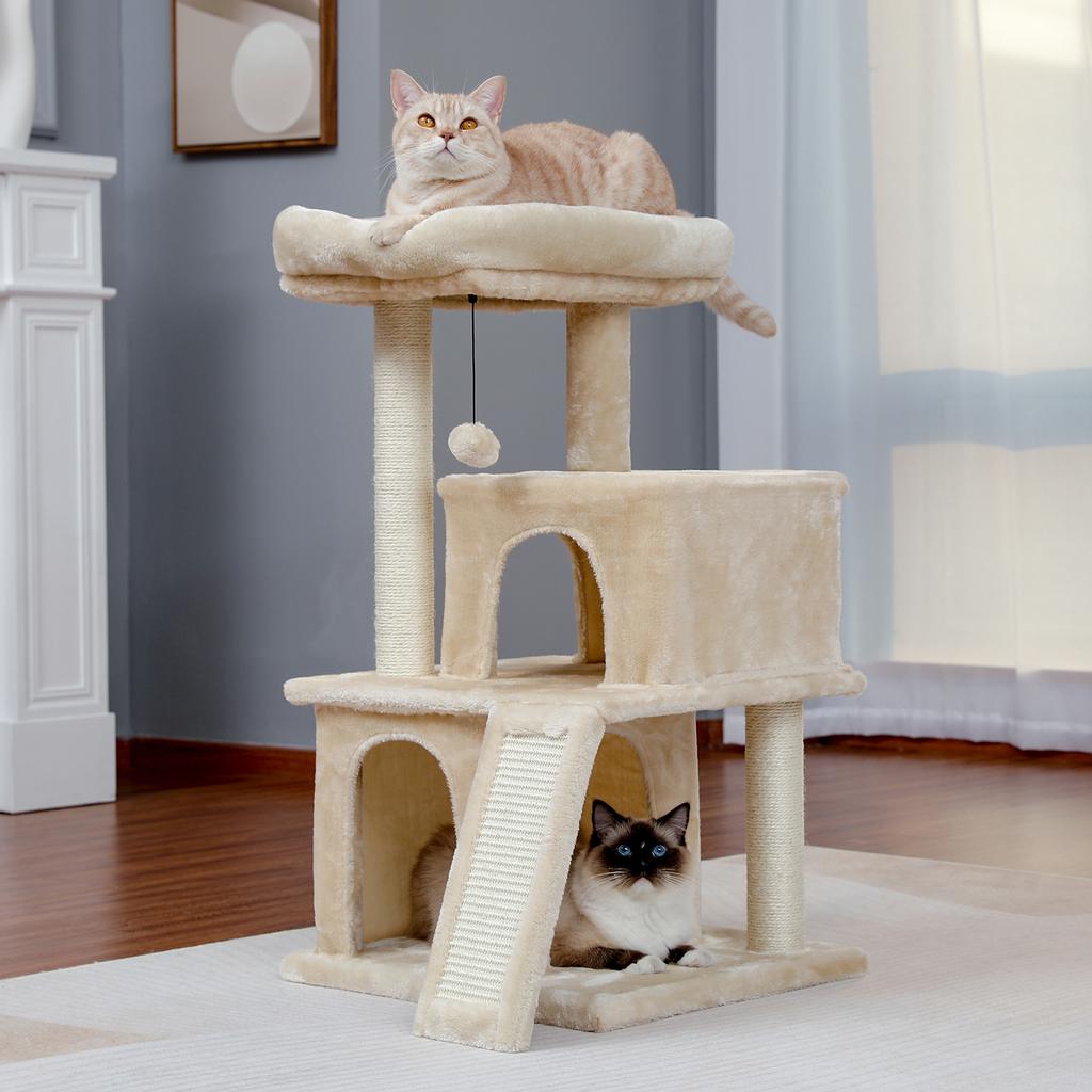 Modern Cat Tree Cat Tower Tea Table, Comfortable Apartment, Top Grade Bass And Swing Ball Beige, Tea Table Furniture