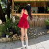 Sweet red short skirt women's summer seaside vacation flying sleeves straps waist A-shaped skirt Spice girl small dress