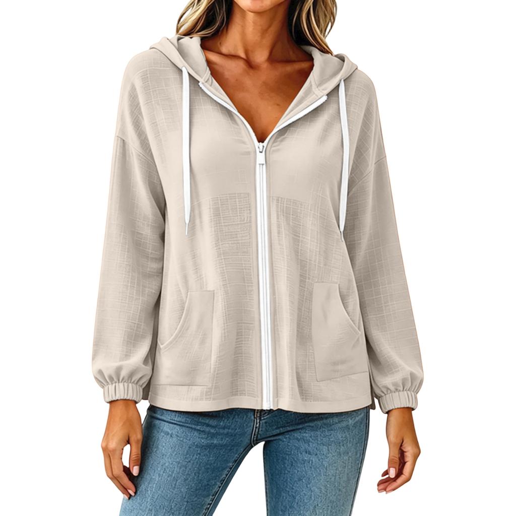 Women's Color Long Sleeve Hooded Zip-Up Jacket with Pockets for Casual Wear