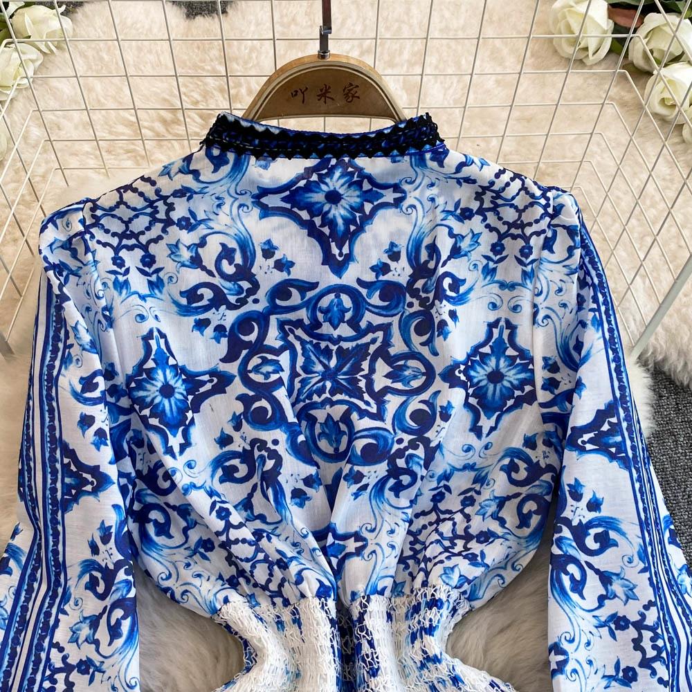 Jaro Podzim Dámské Vintage Tisk Šifon Krajka Patchwork Krátké Společenské Šaty