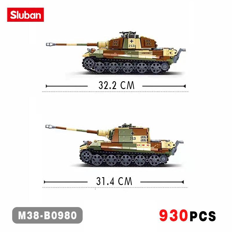 930pcs Sluban 0980 WW2 Military The King Tiger Heavey Tank Army Soldiers Building Blocks Kids Bricks Toys for Boys Gifts