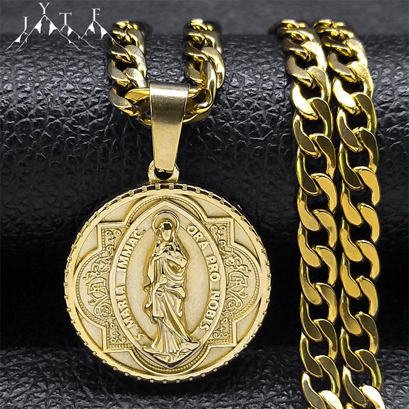 S Maria Immac Ora Pro Nobis Medallion Necklace Women Men Stainless Steel Religious Christian Pendant Necklaces Jewelry NZZ451S05