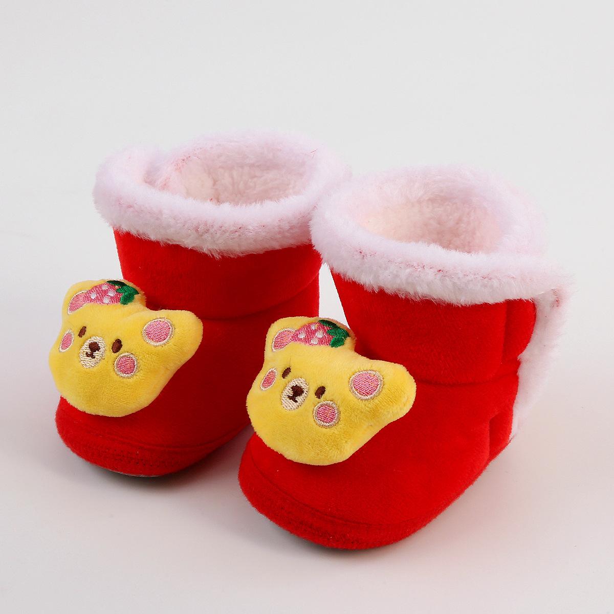 

Зимние детские нескользящие ботинки для мальчиков и девочек с рисунком медведя из мультфильма, декоративные плюшевые ботинки со шнуровкой, мягкие прогулочные туфли с утолщенной подошвой 14 красный