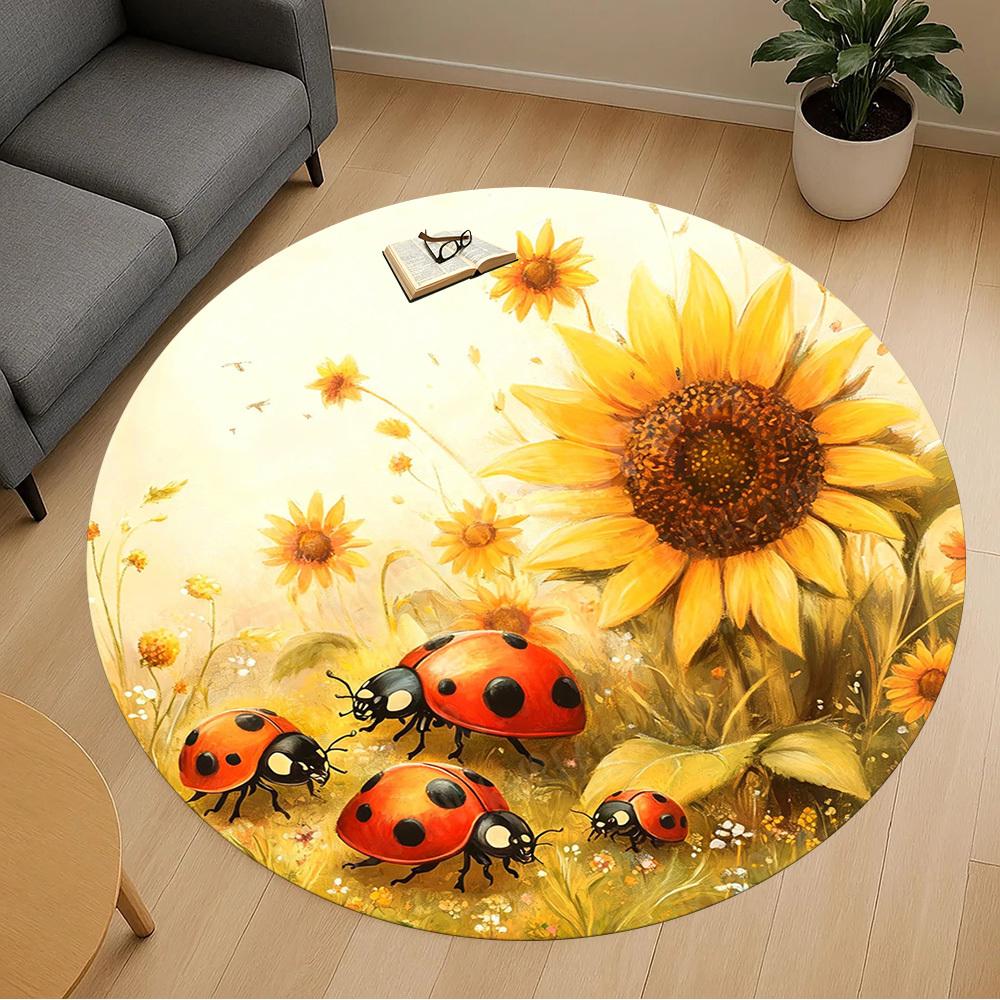 1PC Ladybugs Sunflowers Office Round Area Rug, Under Office Chairs Bedroom Living Room Home Decor, Carpet for Office -1110090