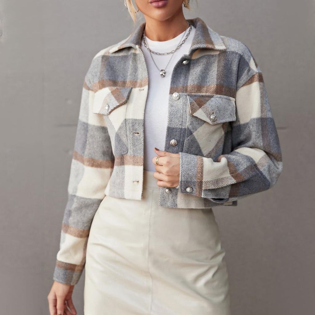 Women's Jacket  Jacket Long Sleeve Plaid Button Down Shirt Jacket Top Winter