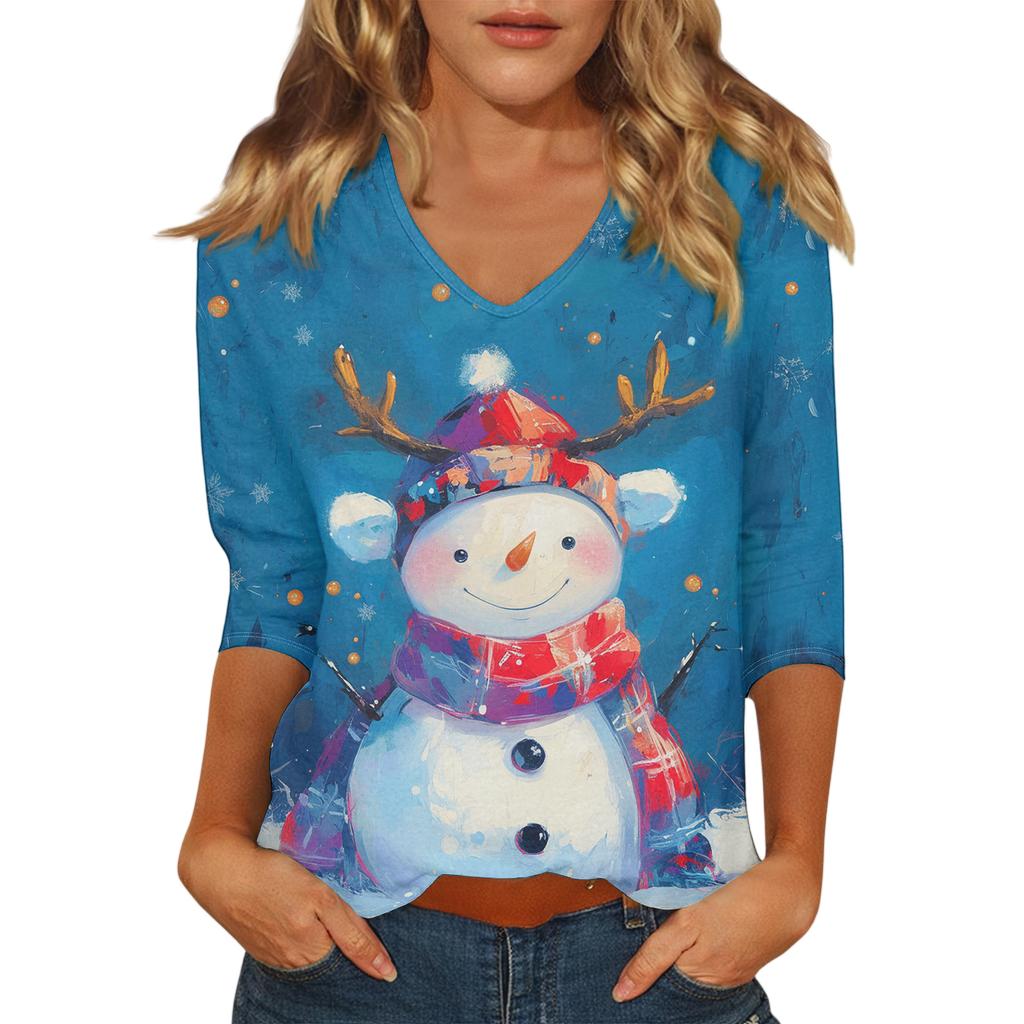 Dámský vánoční potištěný módní ležérní top se sedmiosminovými rukávy a výstřihem do V