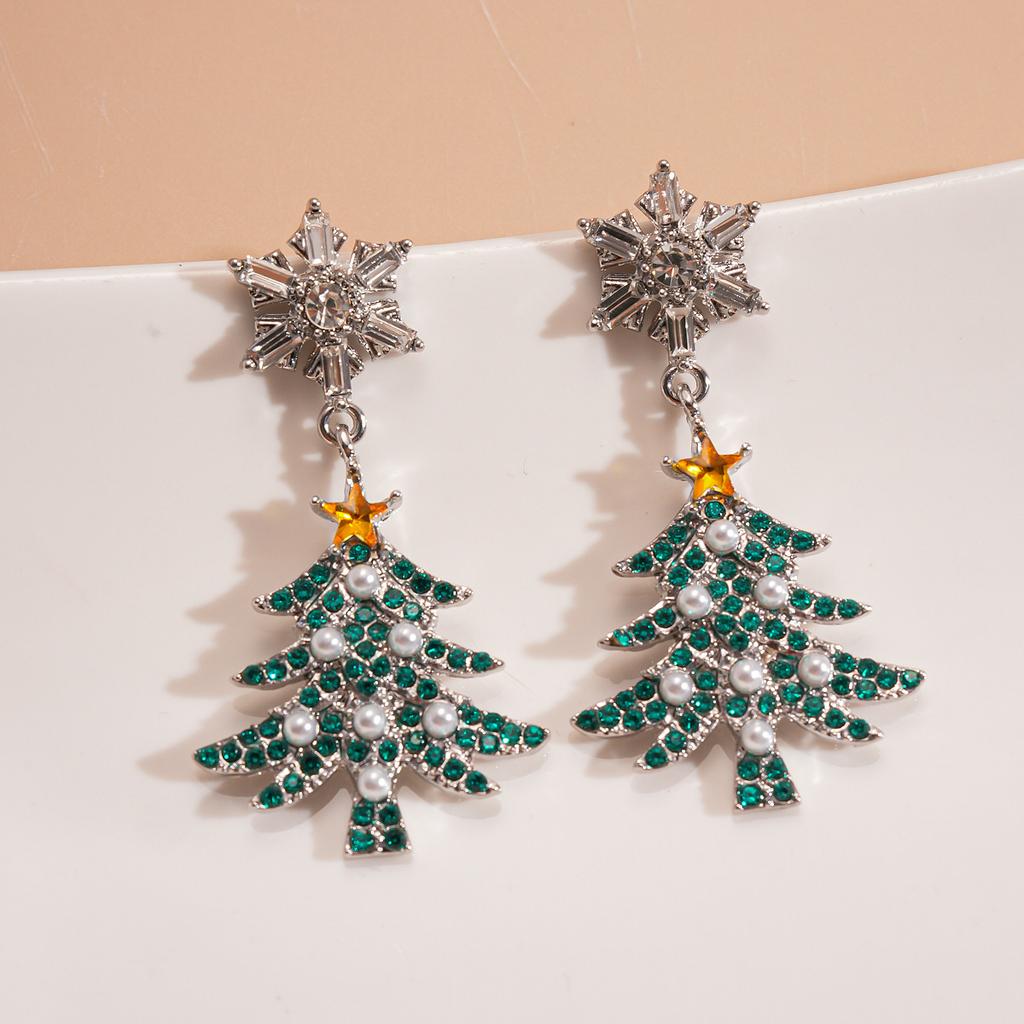 Christmas Diamond Imitation Pearl Snowflake Christmas Tree Silver Needle Earrings Premium Earrings