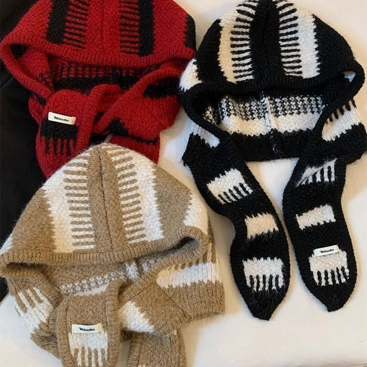 Ins Wind Black and White Striped Balaclava Hat Women's Winter Wool Warm Ear Protector Knitted Hat Scarf
