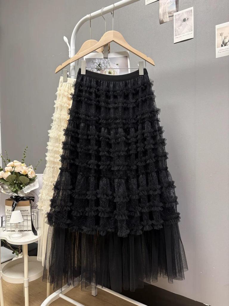 Spring 2026 Women's Irregular Layered Mesh Skirt: Long, Slimming Gauze Design, Heavy Work Detail.