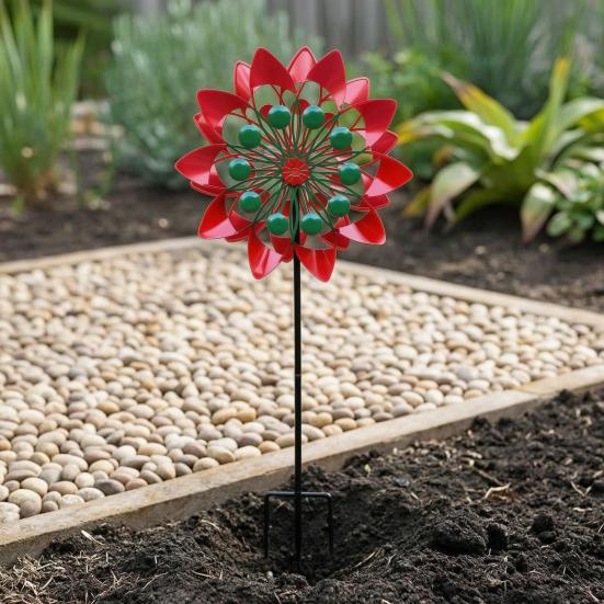 Rustproof Metal Garden Ornaments Flower Wind Spinner, 29.5" Spinner with Stake, Outdoor Rust Modern Balcony Decor Resistant Windmill, Yard Art