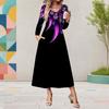Women s Plus Size V Neck Long Sleeve Printed Black Purple A Line Midi Dress With Pockets