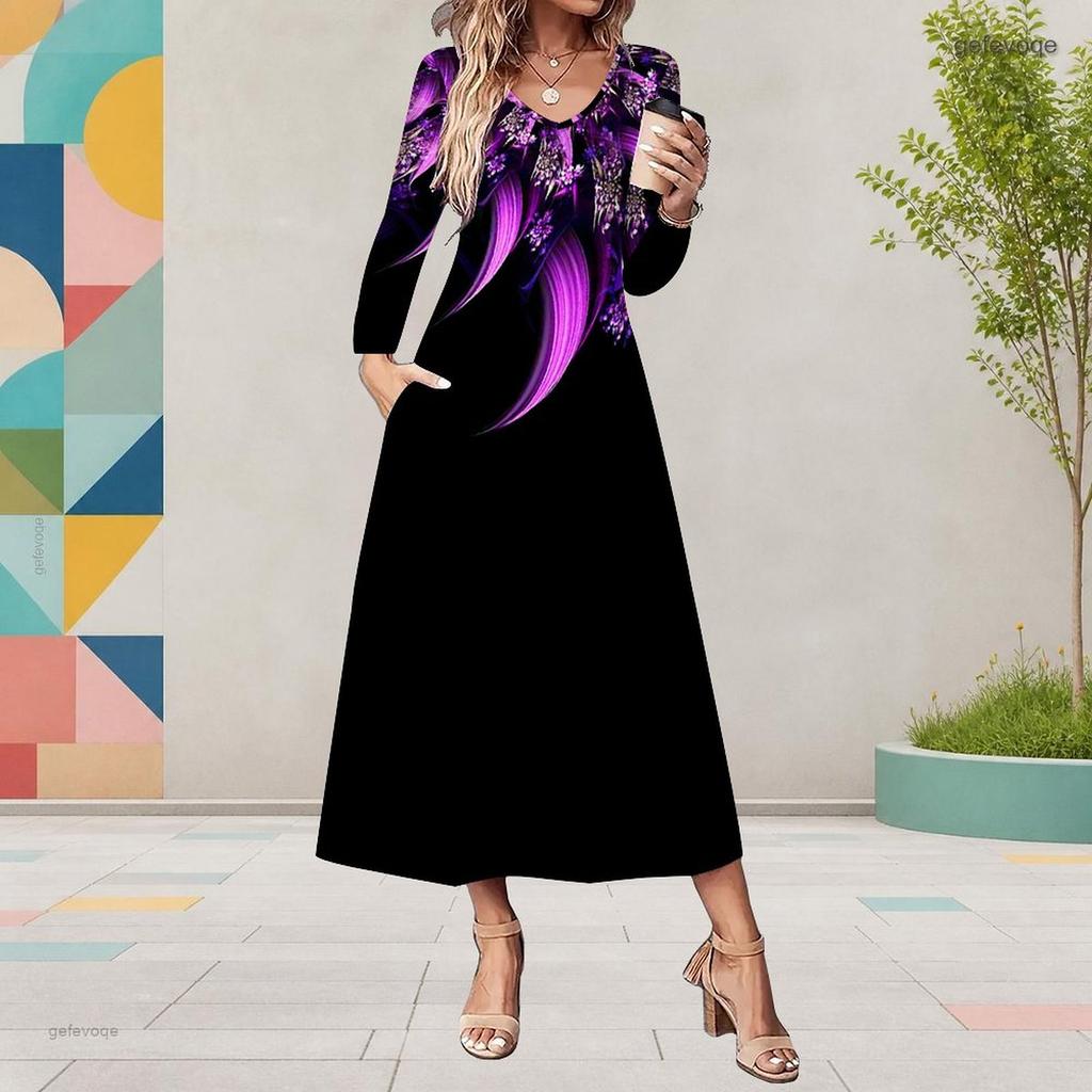 Women s Plus Size V Neck Long Sleeve Printed Black Purple A Line Midi Dress With Pockets