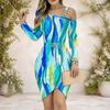 Women Plus Size Chain Strap Cold Shoulder Long Sleeve Printed Cross Hem Bodycon Dress