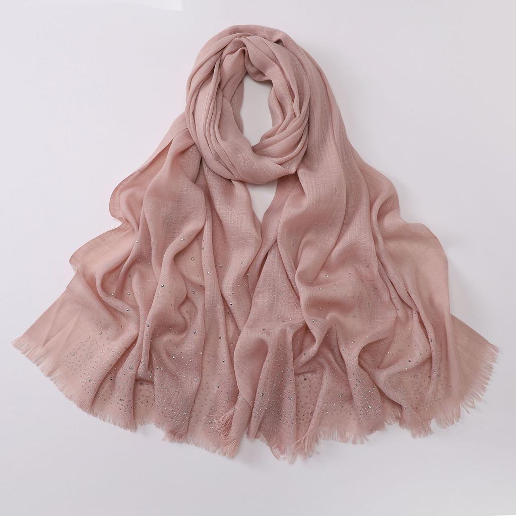 Versatile Solid Color Bamboo Yarn Headscarf With Rhinestones Malay Style Scarf