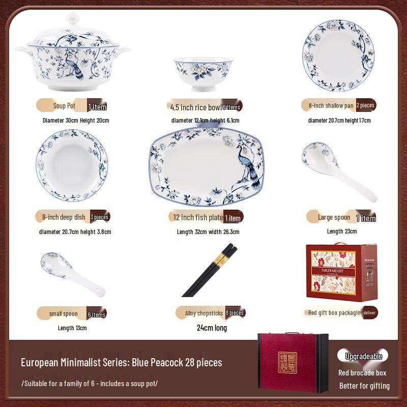 Mo De Lan Ka Blue Peacock 28-Piece Ceramic Dinnerware Set