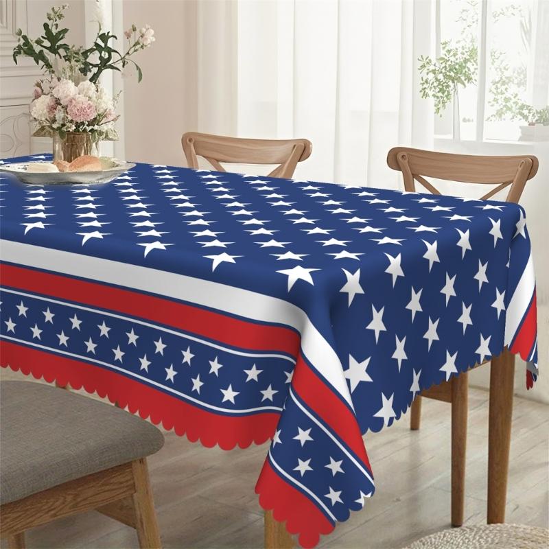 Stars And Stripe Holiday Table Cover Waterproofs Polyester Dining Tablecloth For Holiday Parties Picnics