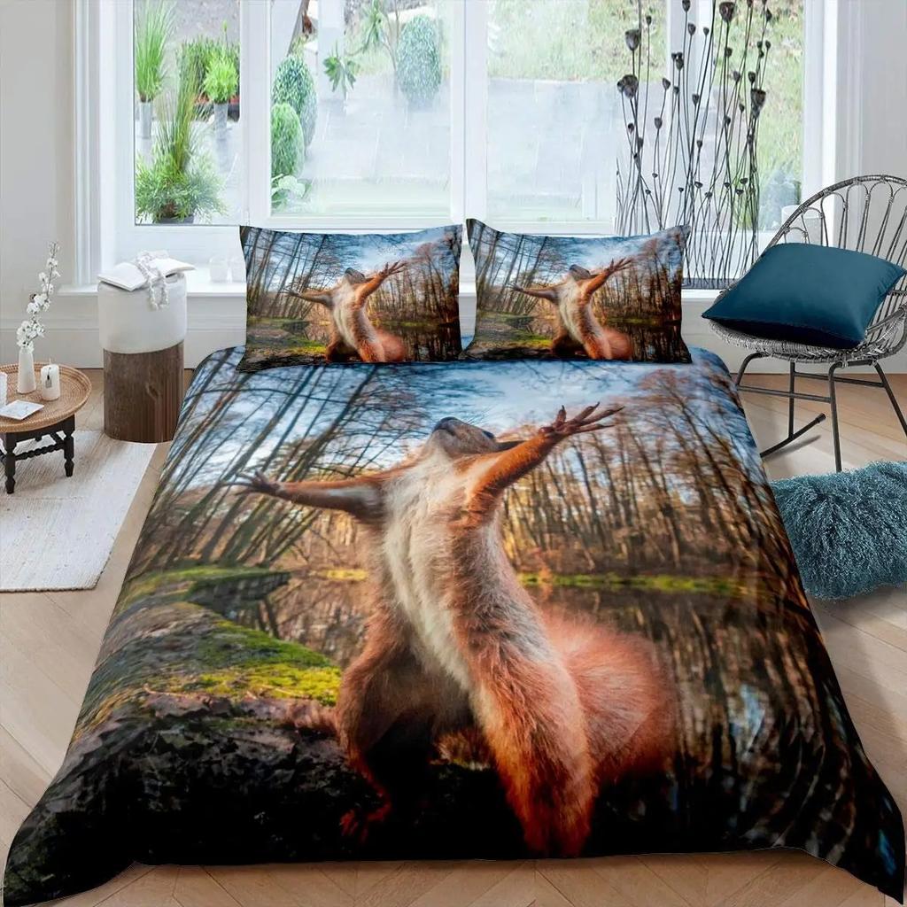 Cute Squirrel Duvet Cover Set Squirrel Bedding Sets 3D Animal Theme Comforter Cover For Boys Girls,Nature Theme Quilt Cover Set