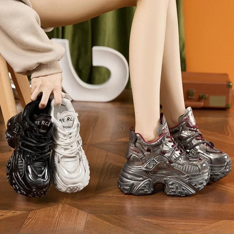 Fashion 8cm New Women Microfiber Leather Spring Platform Wedge Flats Vulcanize Fashion Ankle Booties Autumn Chunky Sneakers Shoes