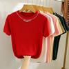 Fashion Short Sleeve Loose Knitted T Shirt Women Summer New Beading Round Neck Casual Women's T-shirt Tops Elegant Slim Fit Simple Woman Tee 26235