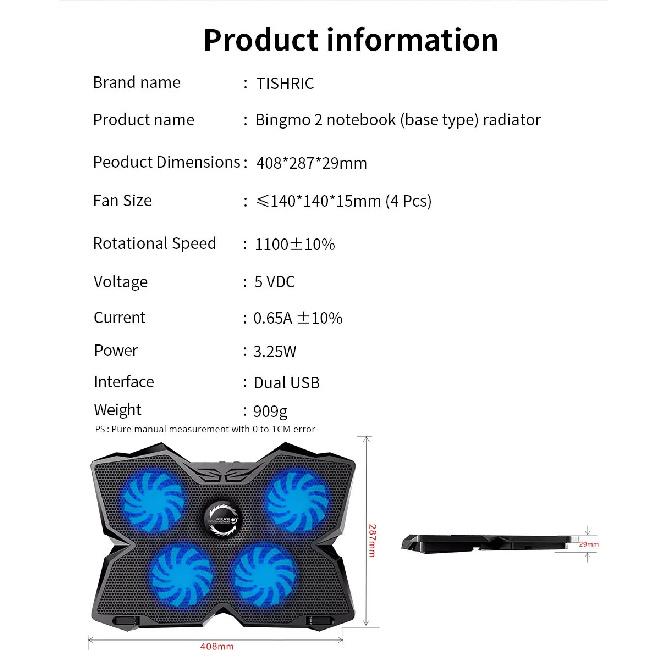 TISHRIC Laptop Cooler Stand 4 Cooling Fans Notebook Cooler Laptop Cooling Pad 2 USB Ports Notebook Stand Radiator For 13-17Inch