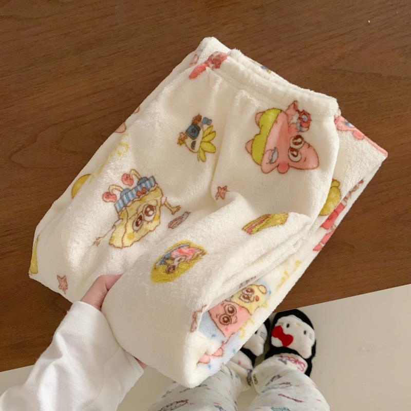 Women's Flannel Plaid Sleep Pants - Autumn/Winter Velvet Warm Coral Fleece Pajama Bottoms