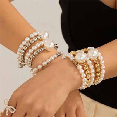 1 conjunto=5 peças Pulseira em Camadas Exagerada Europeia e Americana de Pérola de Imitação Temperamento Grande Conta Redonda Conta Conta Micro Incrustada