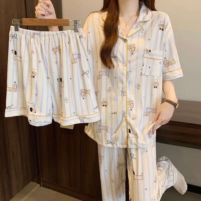Salt Style Dachshund Dog Pajamas Women'S Summer Short-Sleeved Cartoon Wrinkled Cloth Loungewear Three-Piece Set