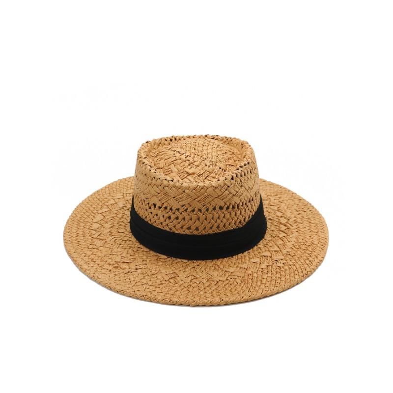 

Summer retro flat top top top hat, seaside vacation travel, sun protection, sun hat, hand-woven straw hat Adjustable M (55-58cm)