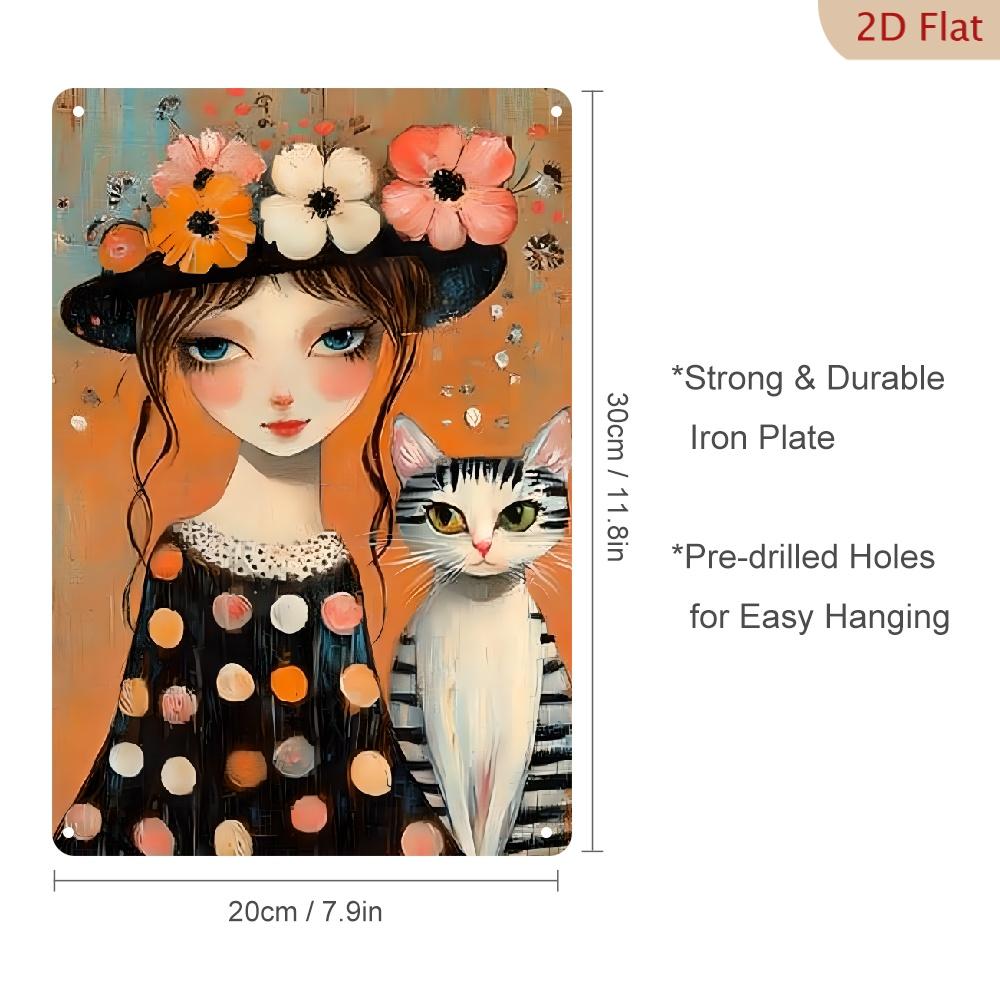 Whimsical Metal Sign Featuring a Girl and Her Cat Perfect Seasonal Home Decor for Restaurants Cafes and Garages