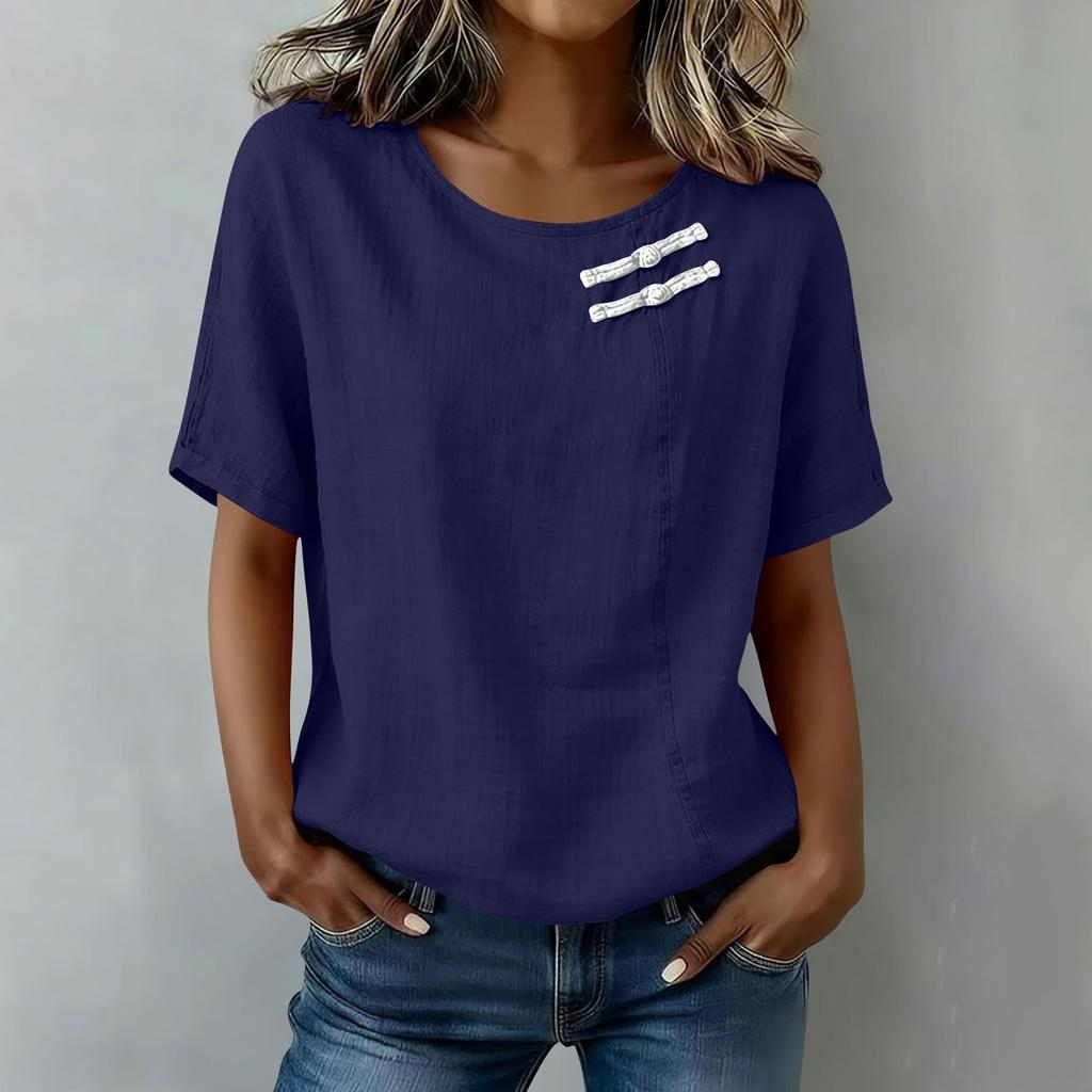 Women Short Sleeve Round Neck Button Shirt Casual Linen Blend Top Lightweight Breathable Summer Blouse with Decorative Buttons