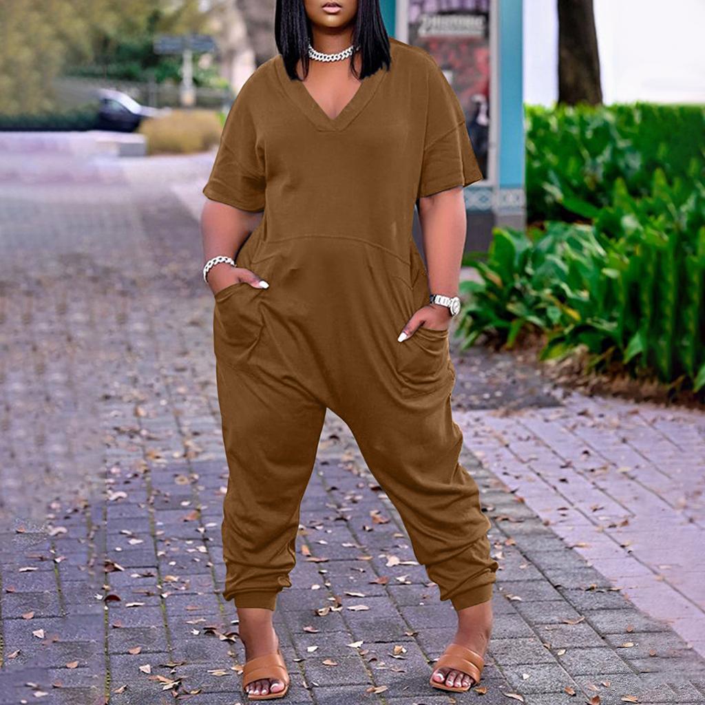 Women's Plus Size Loose Casual Short Sleeve V-Neck Solid Pocket Jumpsuit